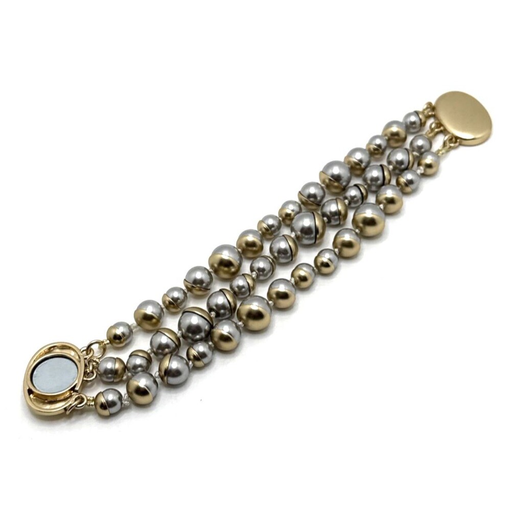 Saachi Half Moon Pearl Bracelet Gray Gold Statement 3 Strand Magnetic Clasp 8"